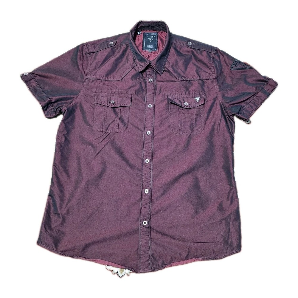 Guess Mens Iridescent Burgundy Short Sleeve Button Down Shirt Large Epaulettes